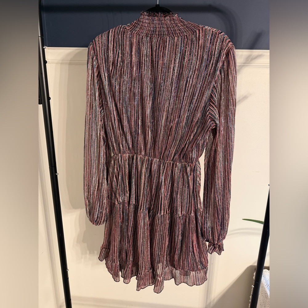 OPT Multicolor Metallic Striped Long Sleeve Mock Neck Mini Fit & Flare Dress - Picture 6 of 8